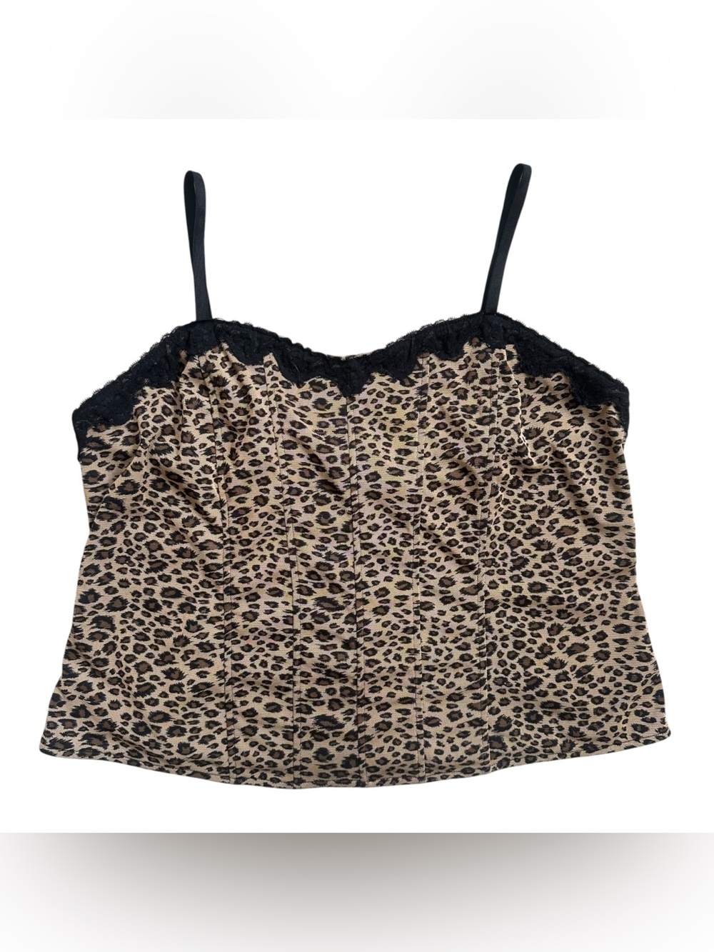 Vintage Y2K Leopard Print Mesh Black Lace Trim Faux Boning Corset Top Size 22